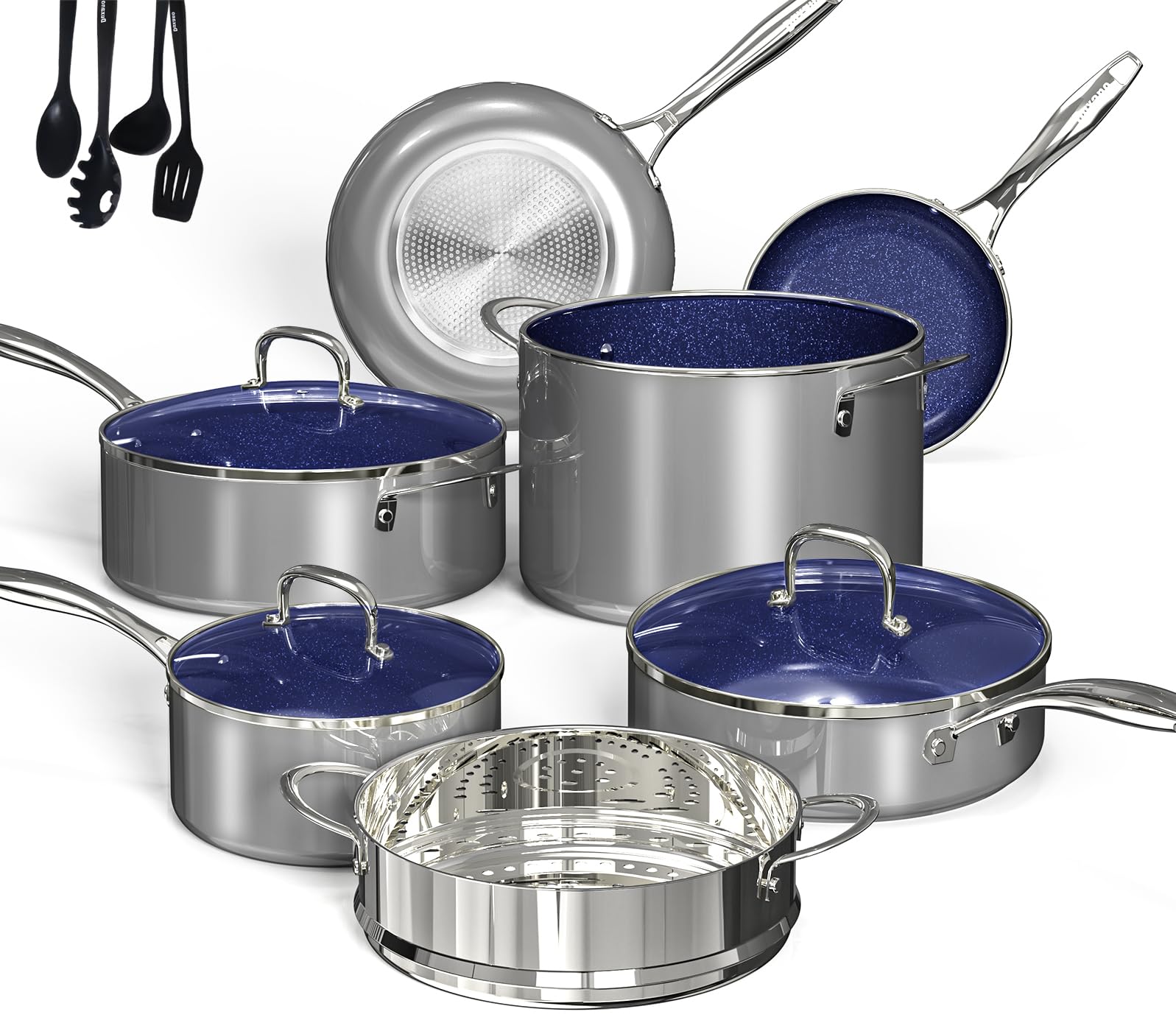 DUXANO Deluxe 14pc set overview showing a complete, versatile cookware collection for every kitchen task.