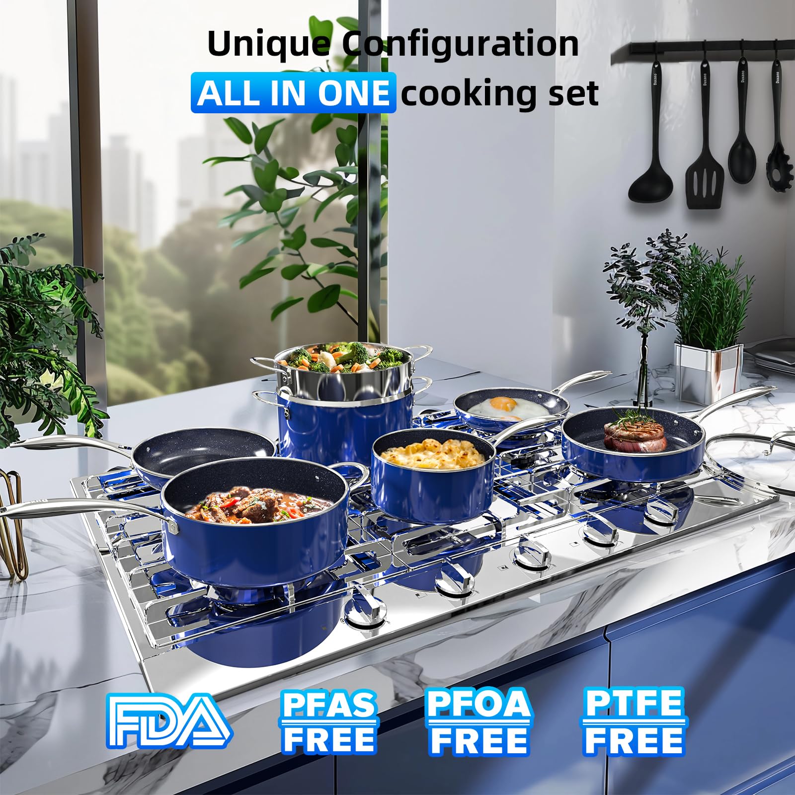 DUXANO Deluxe round grill pan demonstrates grill marks and sear flavor on induction-ready cookware.