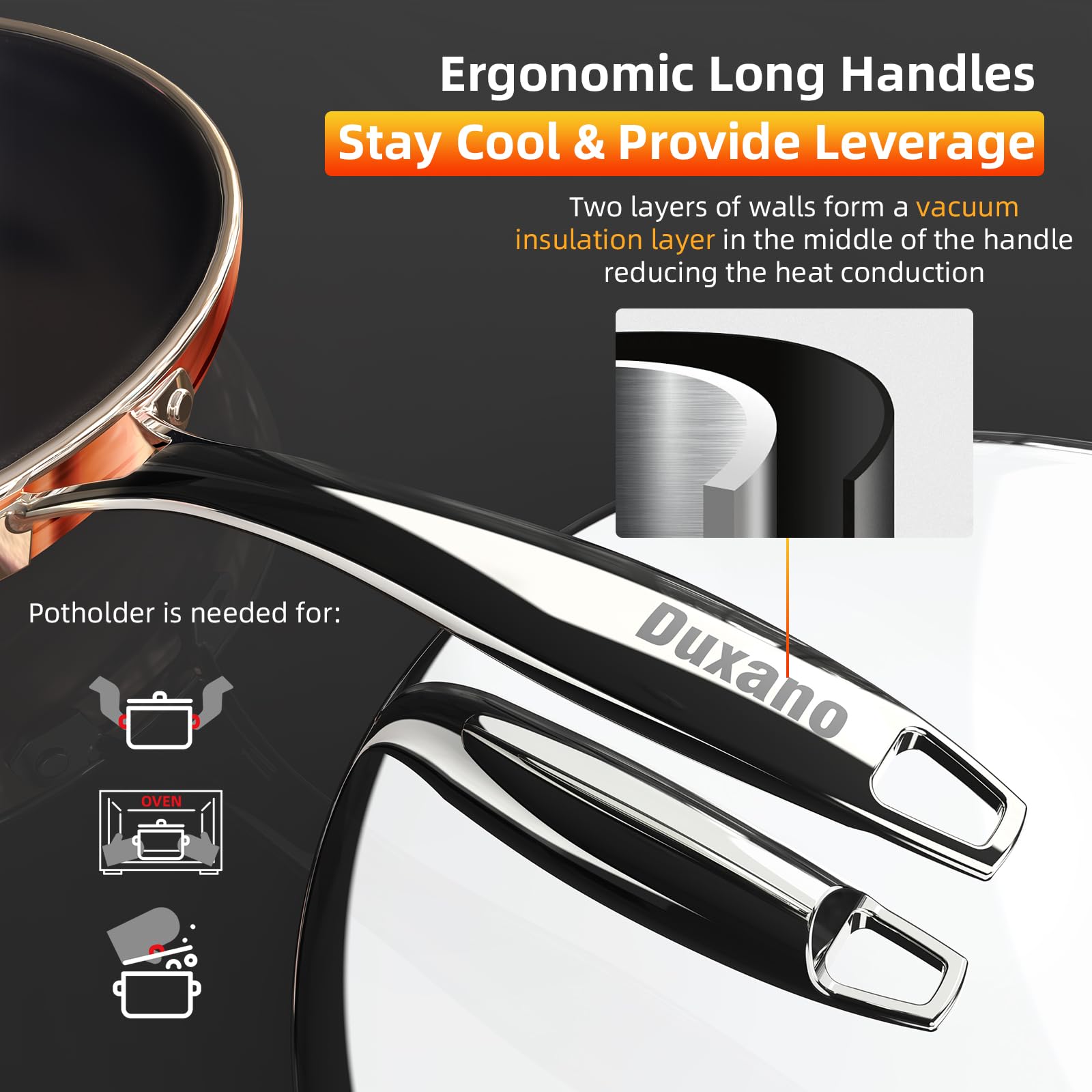 DUXANO induction-ready bottom supports use on gas, electric, or induction stoves.