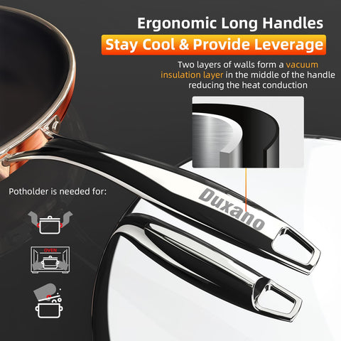 DUXANO induction-ready bottom supports use on gas, electric, or induction stoves.