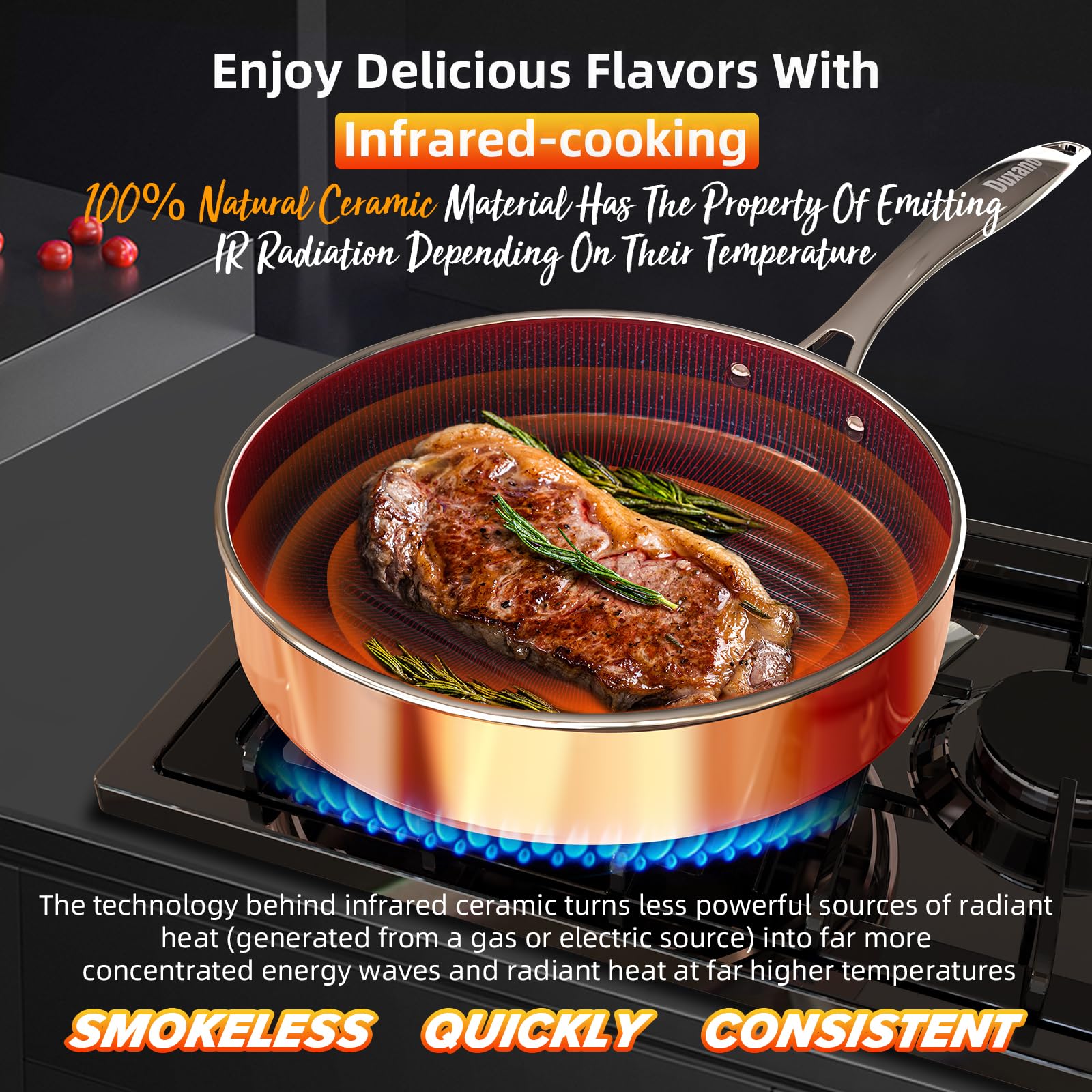 DUXANO forged construction delivers durable, balanced cookware for everyday cooking.