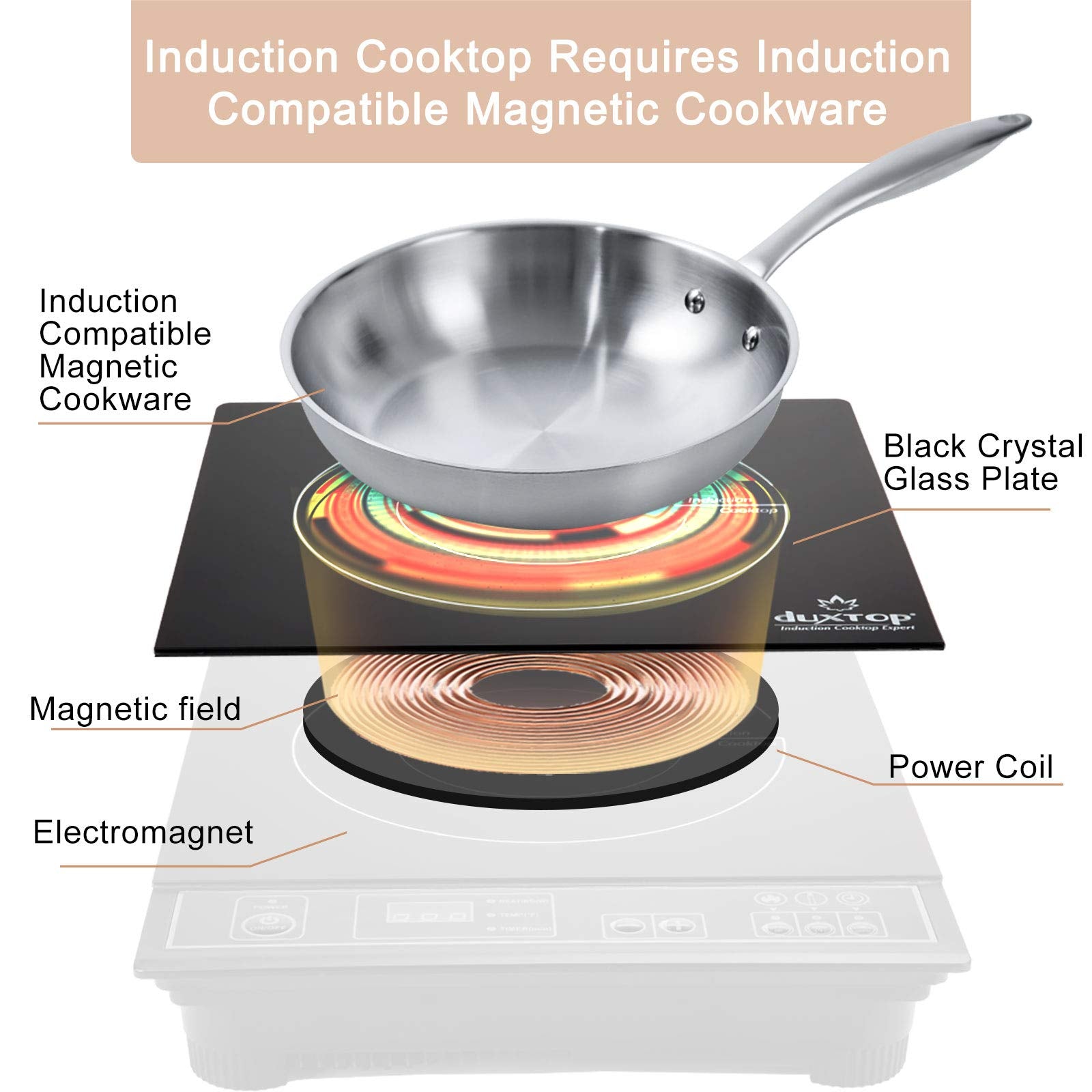 Duxtop 1800W induction cooktop compact design fits small kitchens.