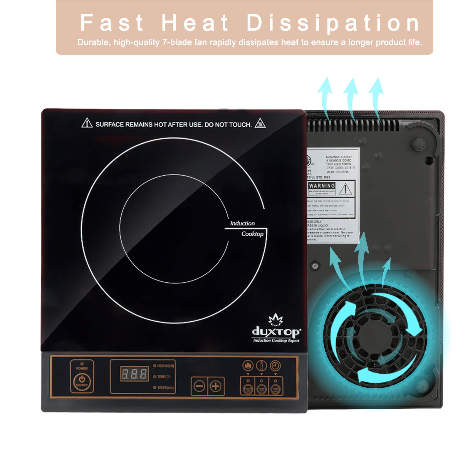 Duxtop 1800W induction cooktop multiple power levels for quick adjustments.