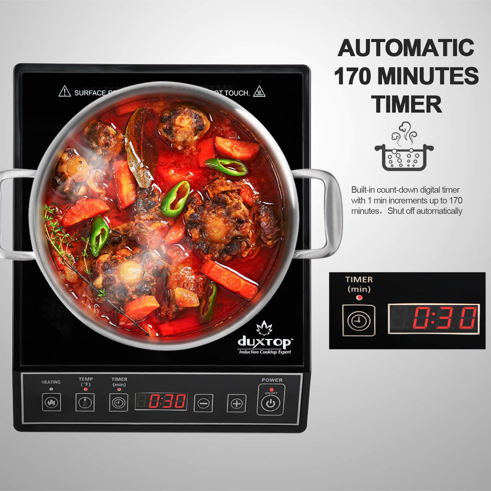 Duxtop induction cooktop with cookware on surface demonstrating heating process