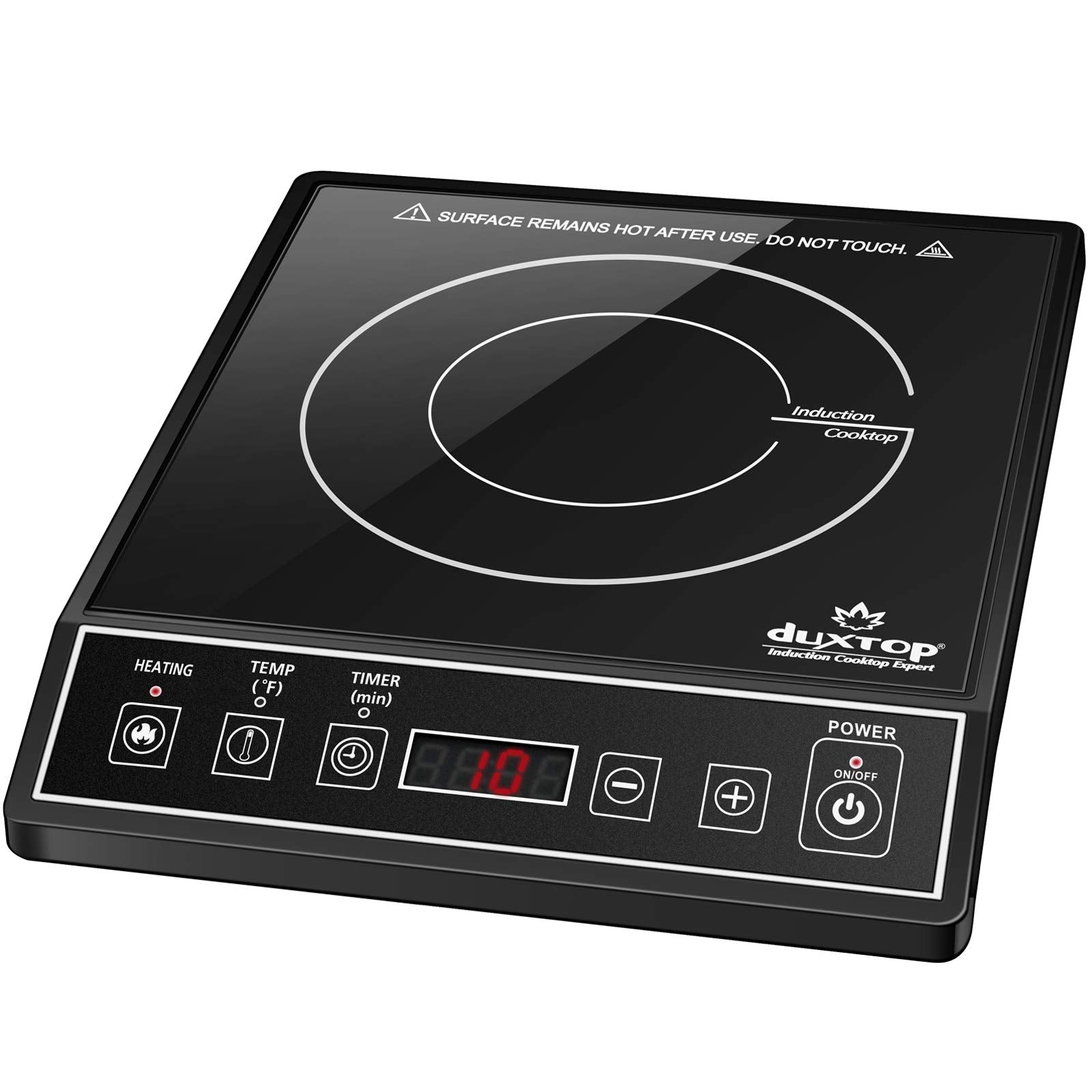 Duxtop 1800W induction cooktop front view showing compact counter ready for quick meals