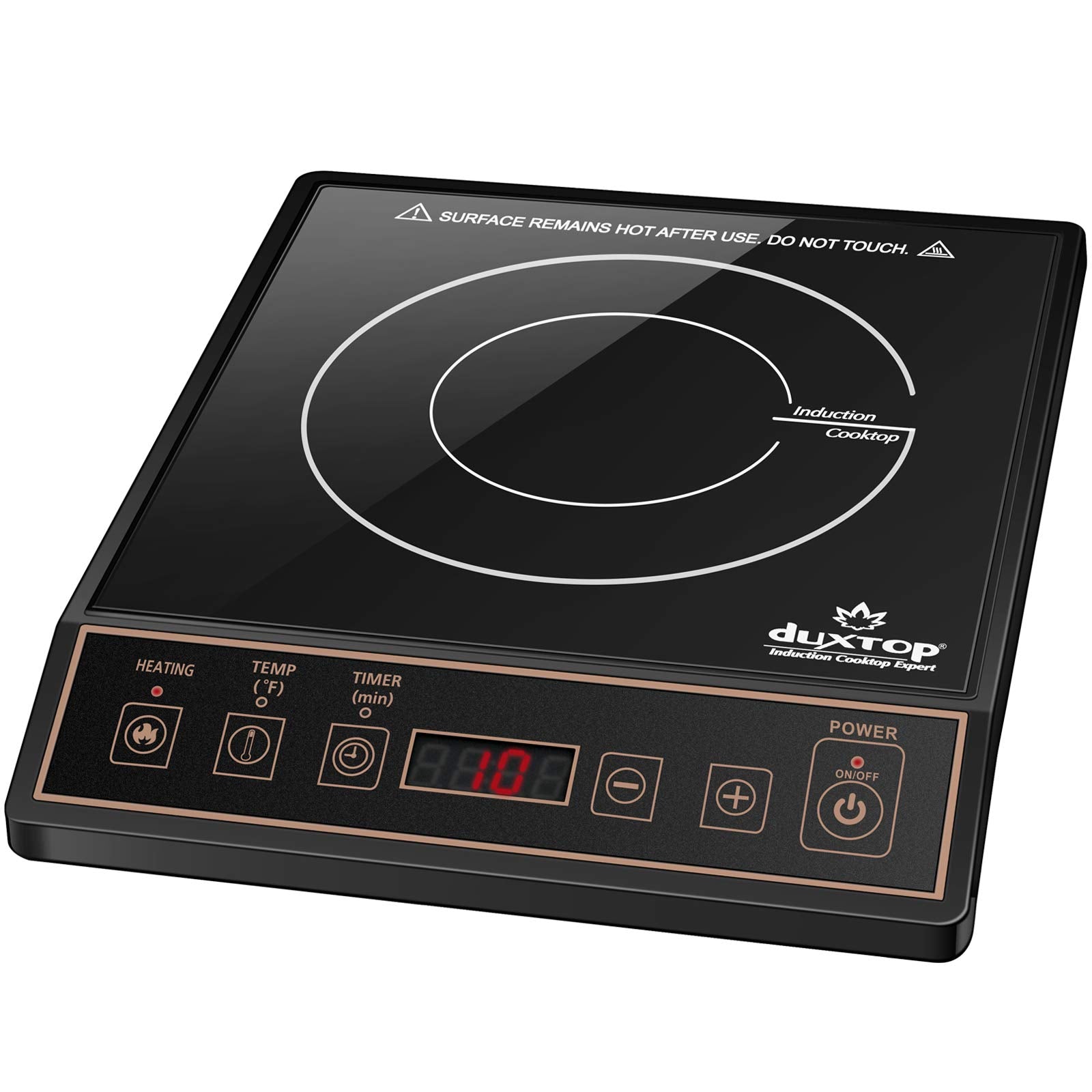 Duxtop 1800W induction cooktop gold top view for compact cooking and energy efficiency.