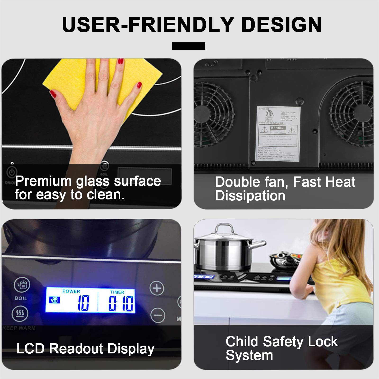Duxtop LCD control panel enables quick cooking adjustments.