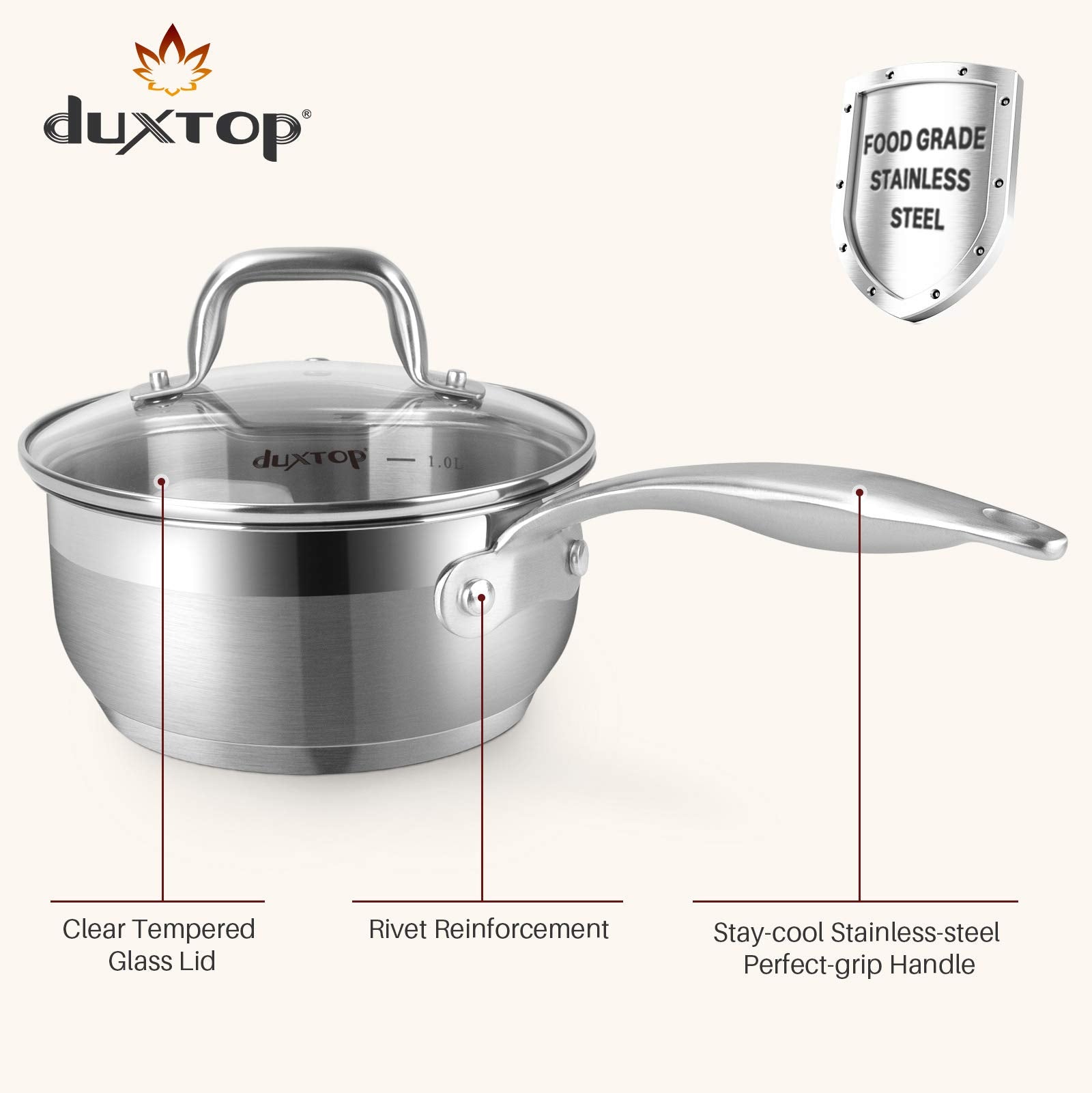 Duxtop drip-free pouring design with clear glass lids for easy monitoring.