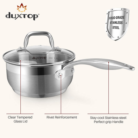 Duxtop drip-free pouring design with clear glass lids for easy monitoring.