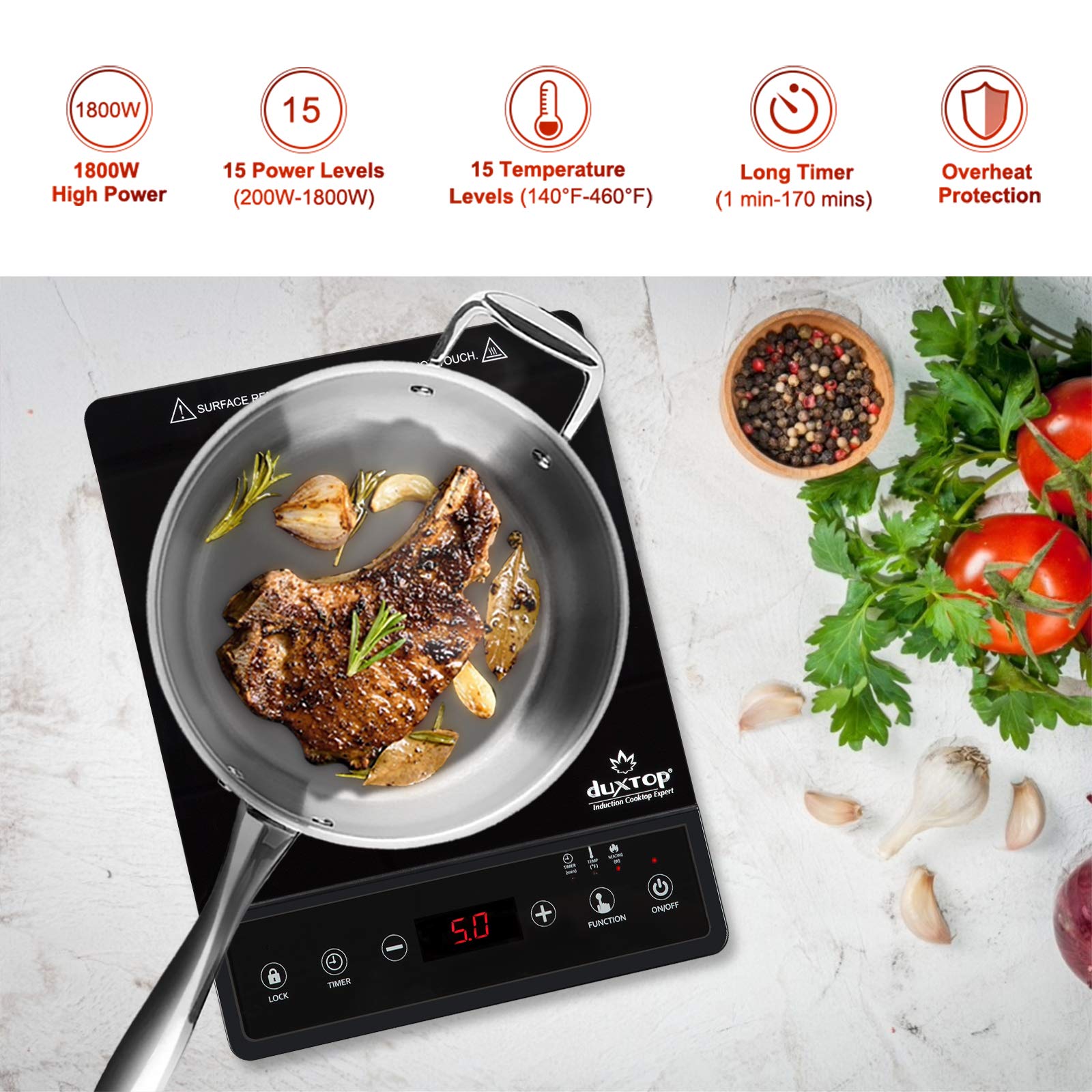 Duxtop induction cooktop with timer and sensor touch for precise cooking.