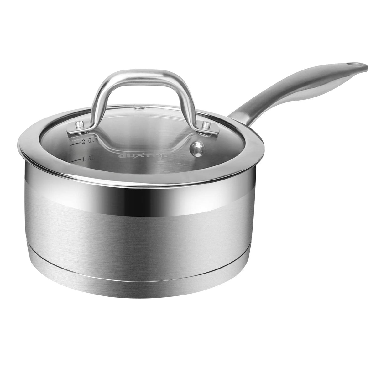 Duxtop 2.5qt sauce pan with lid for versatile simmering and easy pouring.