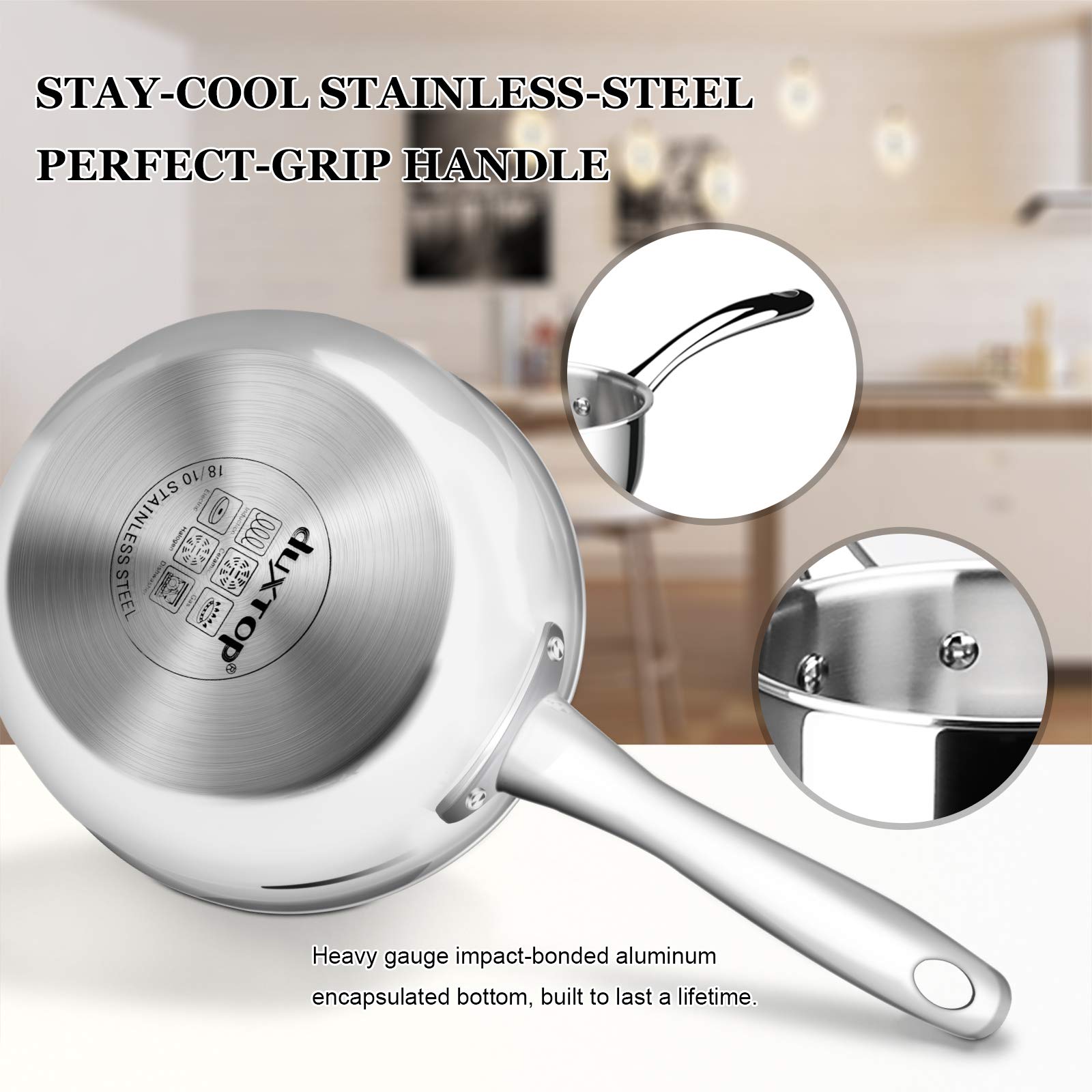 Duxtop stay-cool handle provides secure grip during cooking.