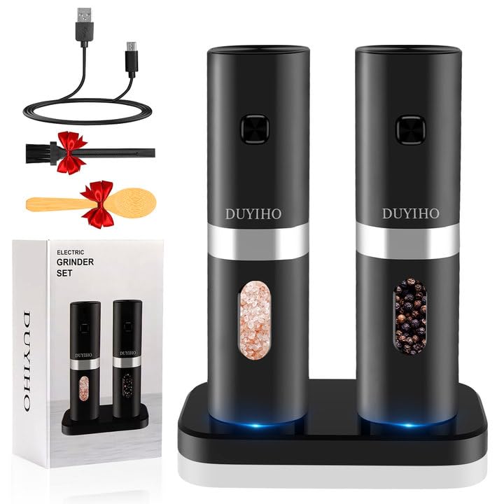 Duyiho rechargeable salt and pepper grinder with dock for easy charging and storage.