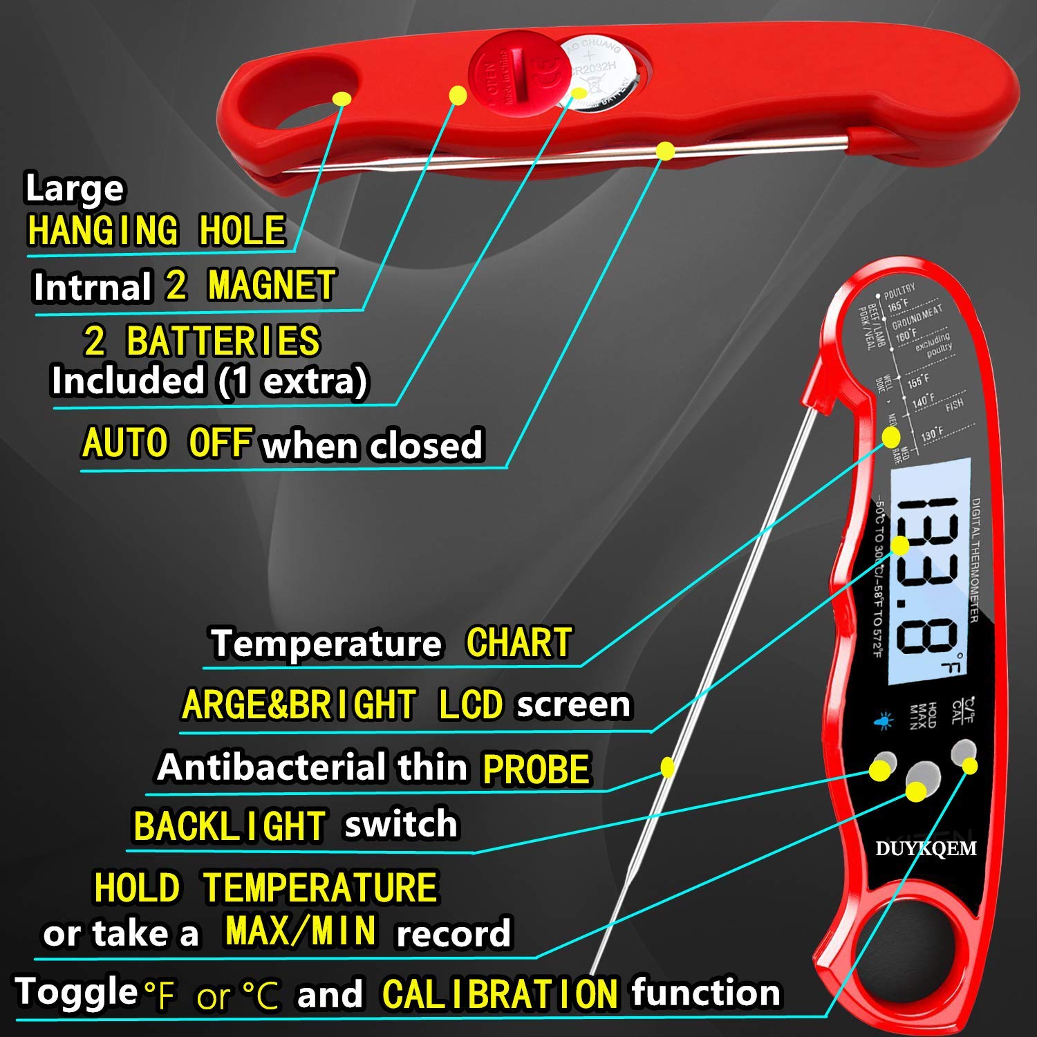 DUYKQEM calibration-enabled instant-read thermometer back for accurate temps.