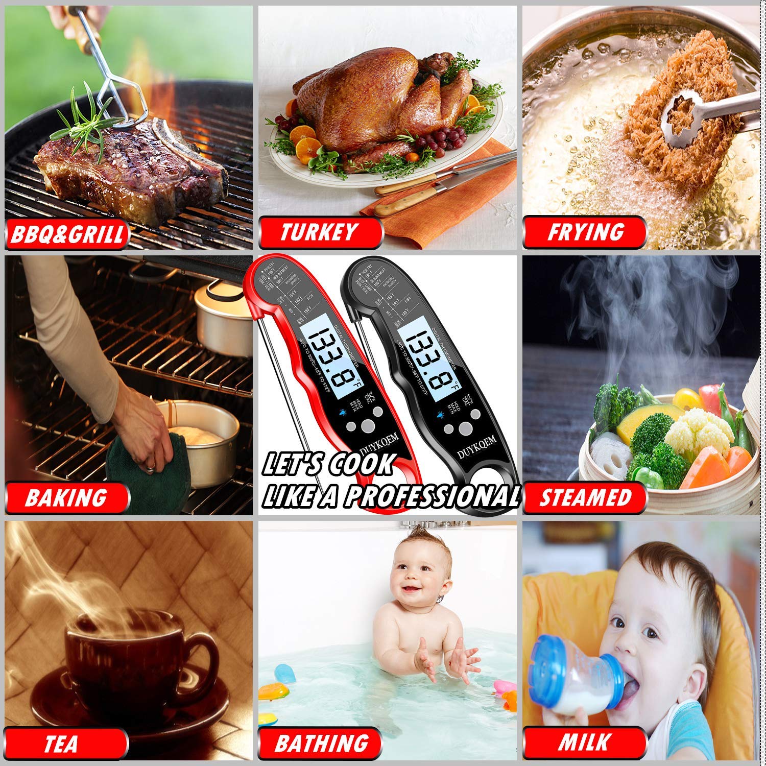 DUYKQEM instant-read thermometer bundle includes batteries and guides for confident grilling.