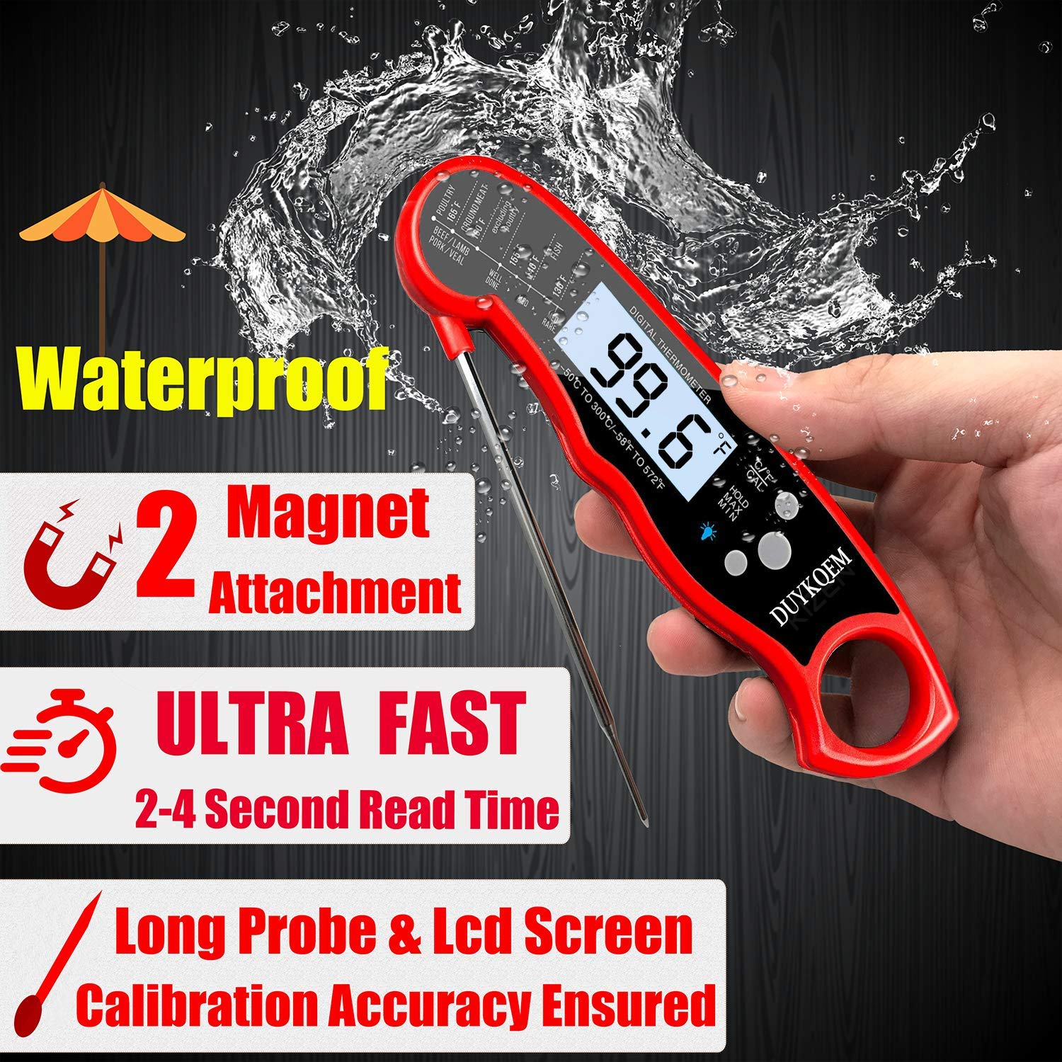 DUYKQEM instant-read thermometer probe backlit for clear readings in dim kitchens.