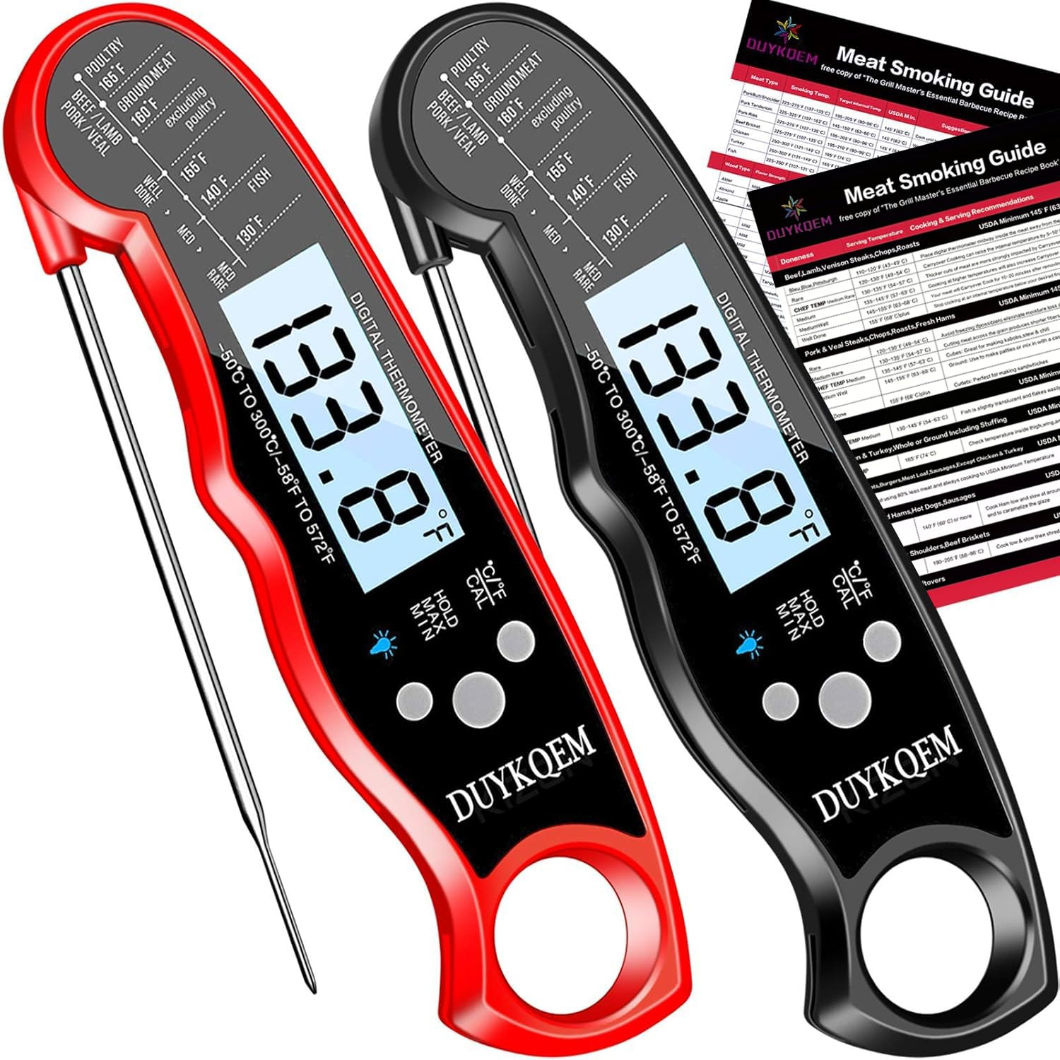 DUYKQEM two-pack instant-read meat thermometer front view for quick grilling prep.
