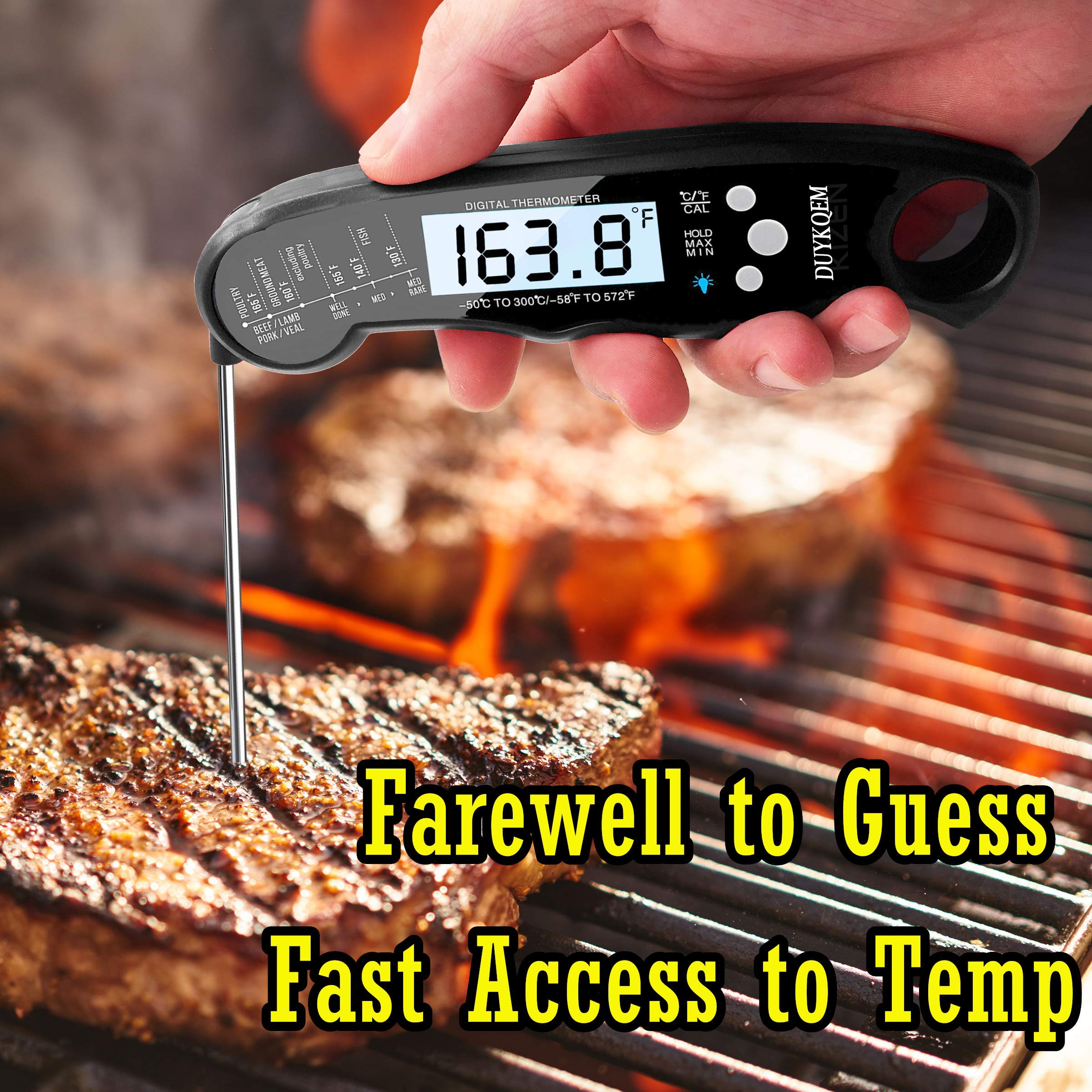 DUYKQEM waterproof instant-read meat thermometer body withstands steam and splashes during cooking.