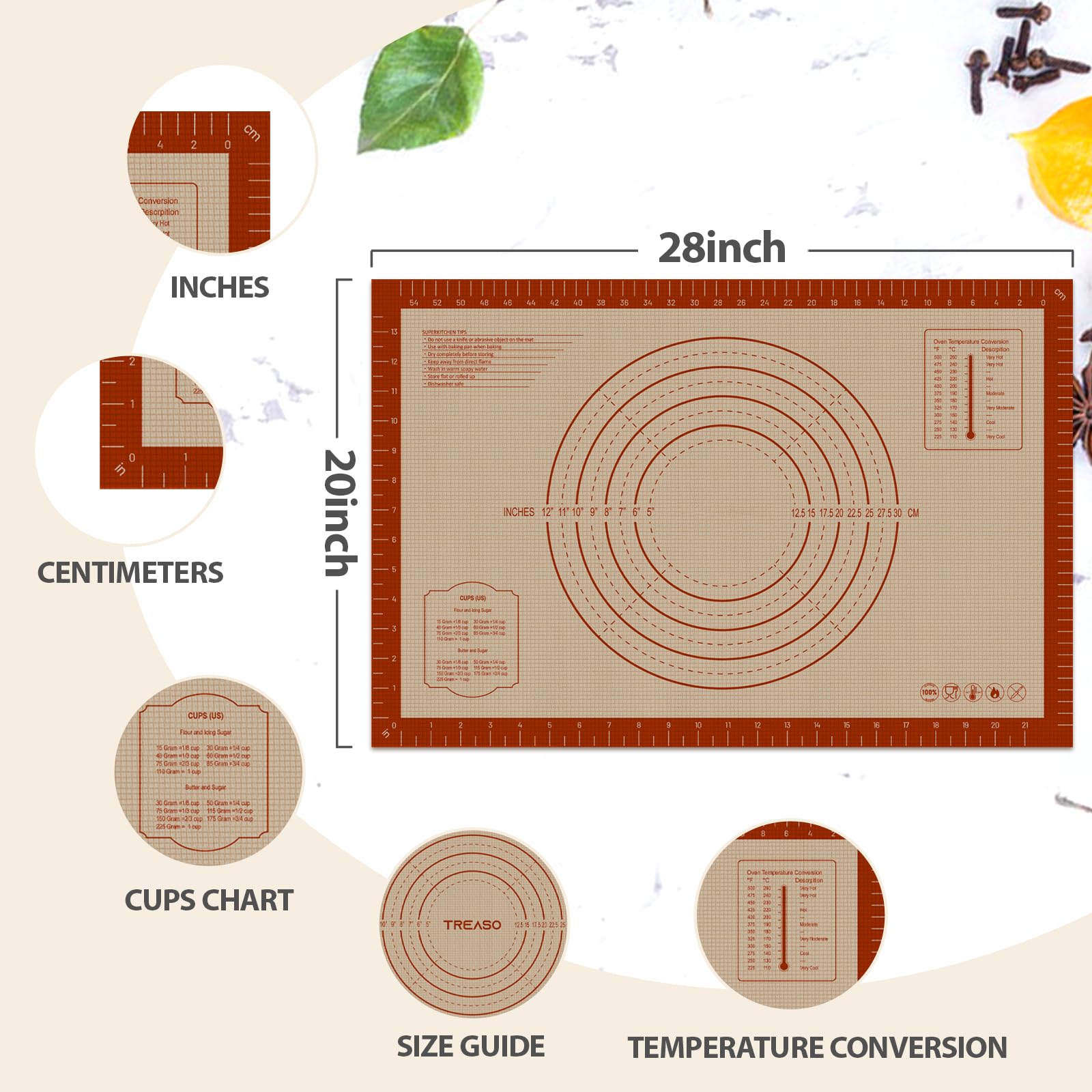 Dwavele Pastry Mat features temperature conversion charts for easier dough handling.