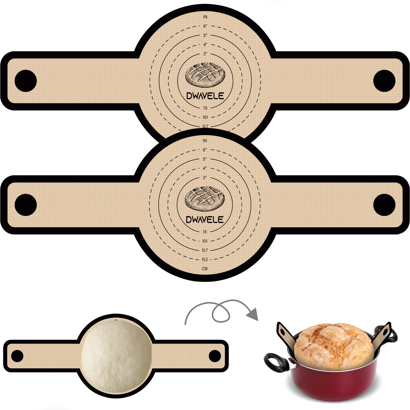 Dwavele silicone bread sling in use with dutch oven for safe dough transfer