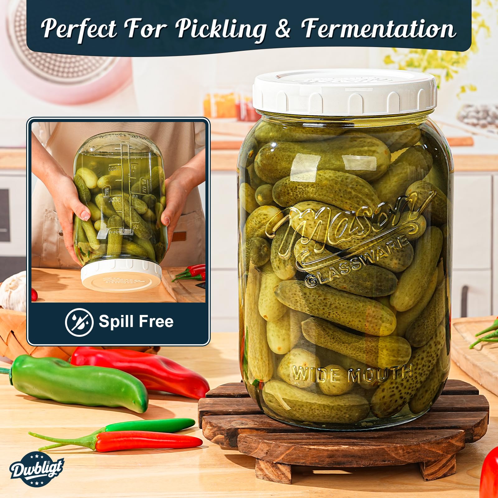 Dwbligt glass jar for flour and sugar storage in the pantry.