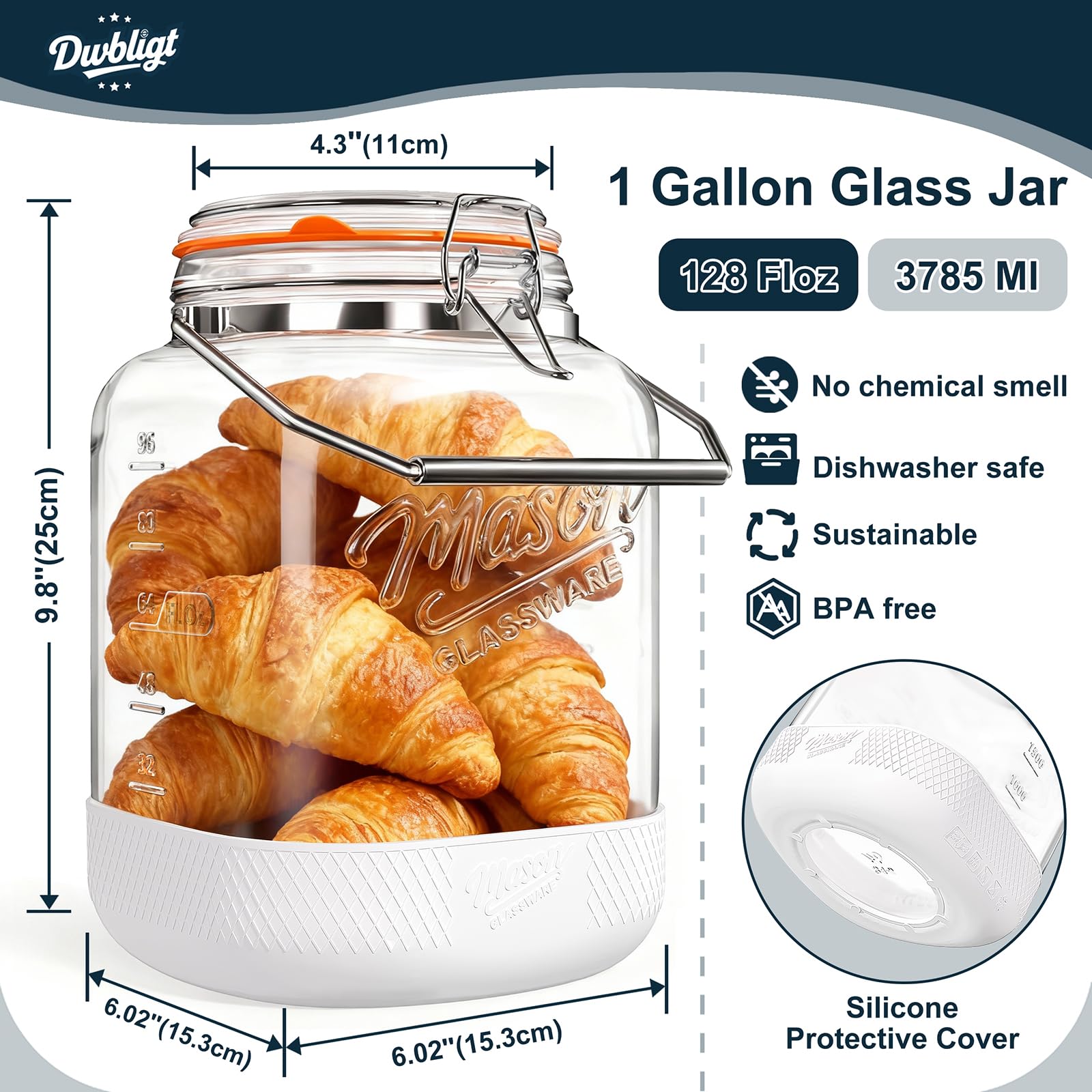 Dwbligt wide-mouth jar with stainless handle for easy pouring and carrying.