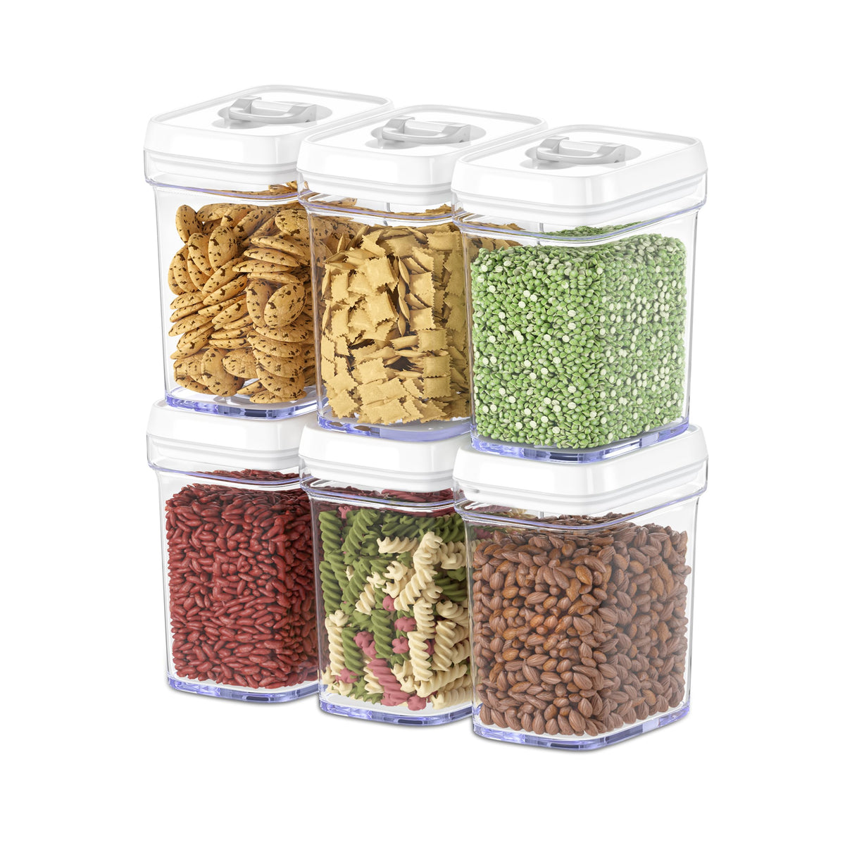 DWËLLZA KITCHEN 6-pack airtight containers in clear bodies keep pantry staples fresh and easy to identify.