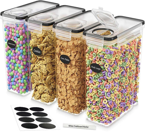 DWËLLZA KITCHEN four-pack cereal containers in a tidy pantry.