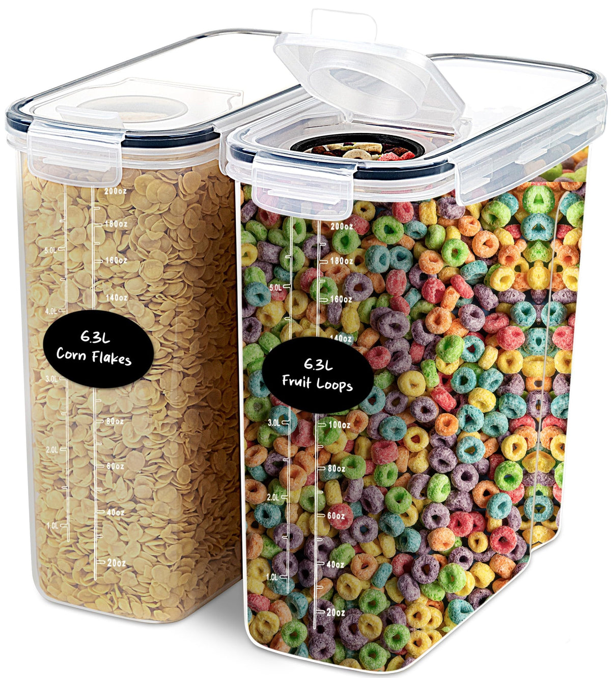 DWËLLZA KITCHEN extra-large cereal container with 4-sided locking seals for long-lasting freshness.