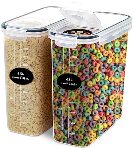 DWËLLZA KITCHEN extra-large cereal container with 4-sided locking seals for long-lasting freshness.