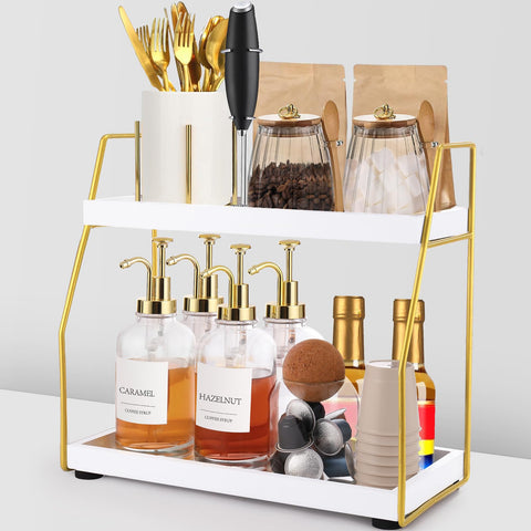DWTS coffee bar organizer on a gold frame keeps essentials within reach.