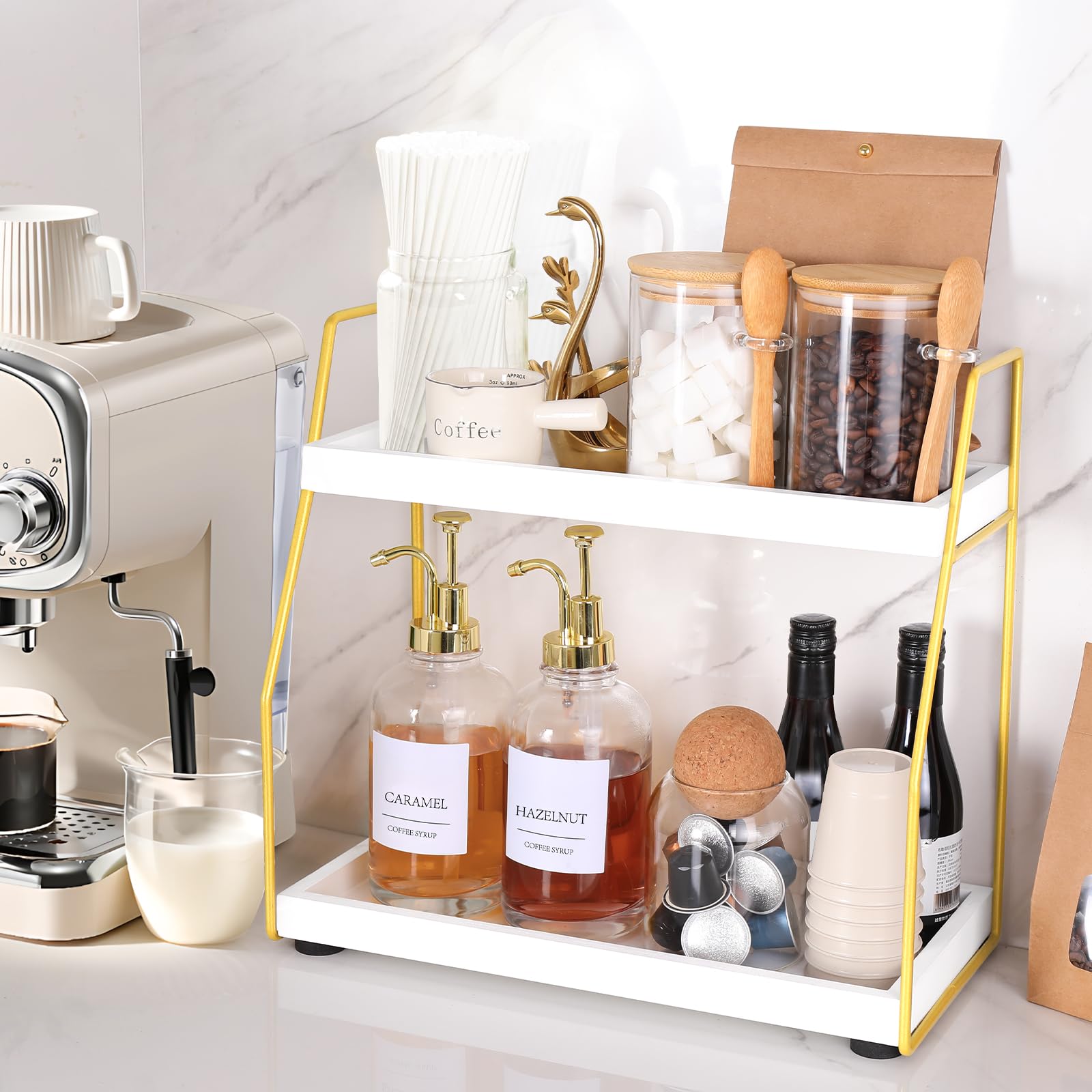 DWTS two-tier station saves counter space while keeping beverages organized.