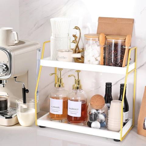 DWTS two-tier station saves counter space while keeping beverages organized.