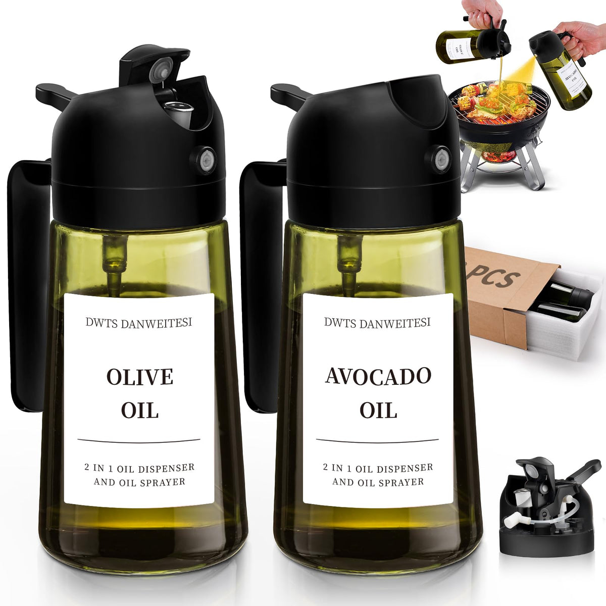 DWTS DANWEITESI oil sprayer 2in1 front view ready to spray or pour.