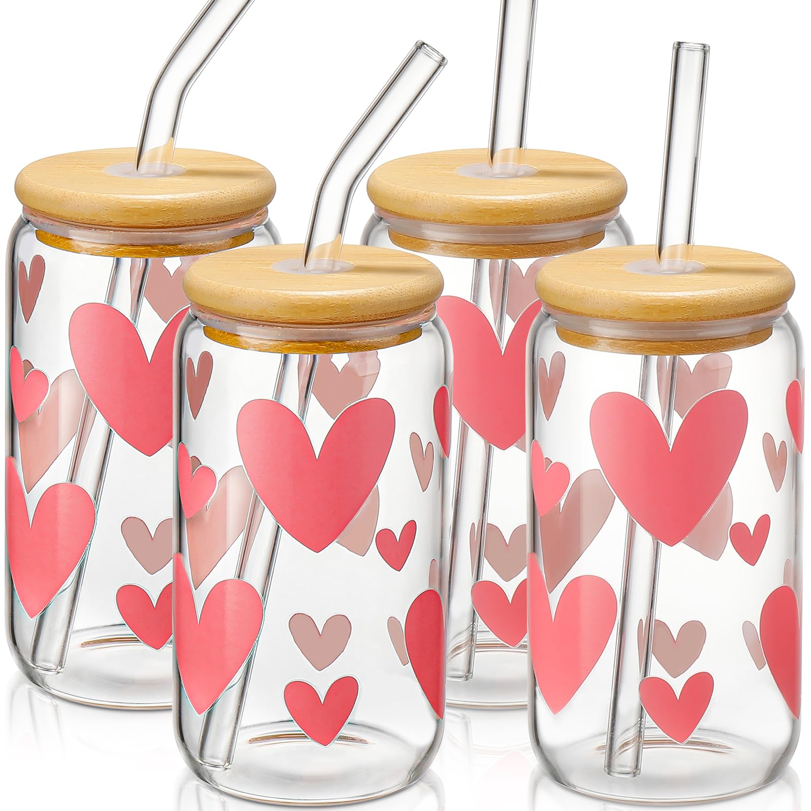 DWTS DANWEITESI Pink Hearts 16 oz glass cup with lid for stylish iced coffee