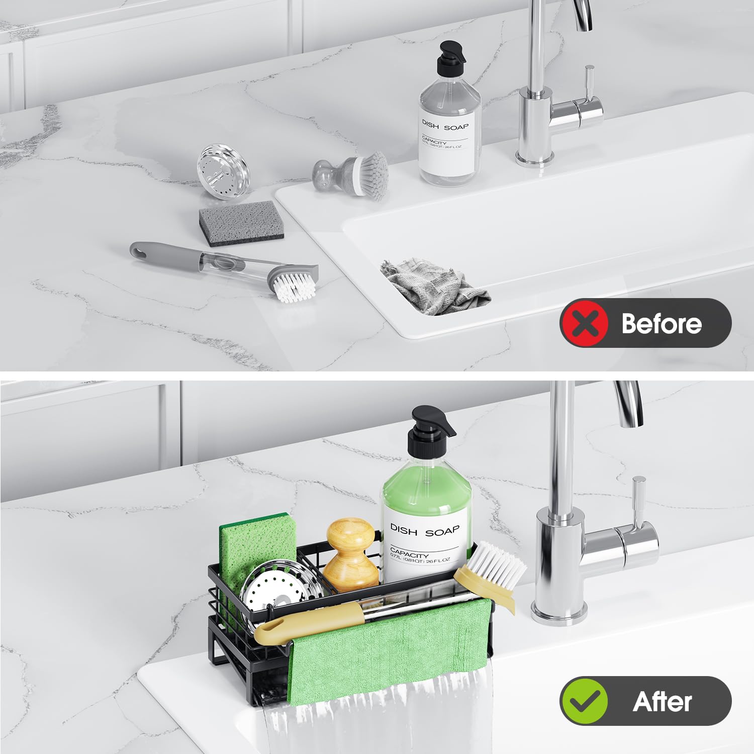 DYFVREN adjustable dividers create three compartments for sponges, brushes, and sanitizer.