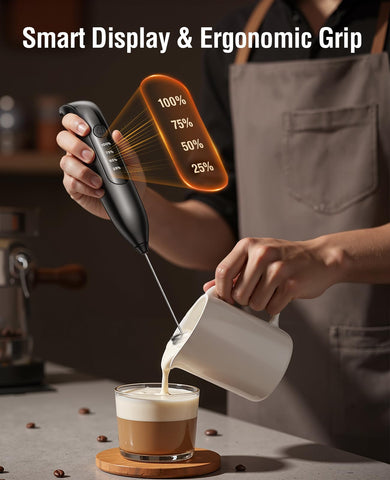 Dynooper LED digital display shows precise battery level on frother.