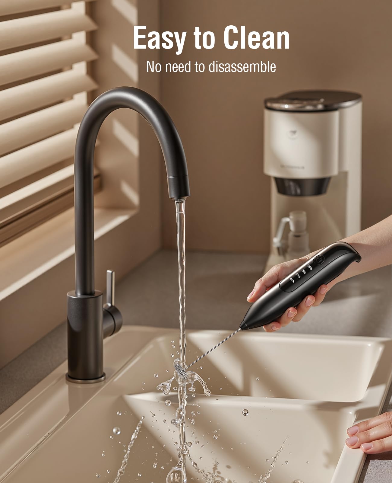 Dynooper premium stand and charging base keep frother ready on the counter.