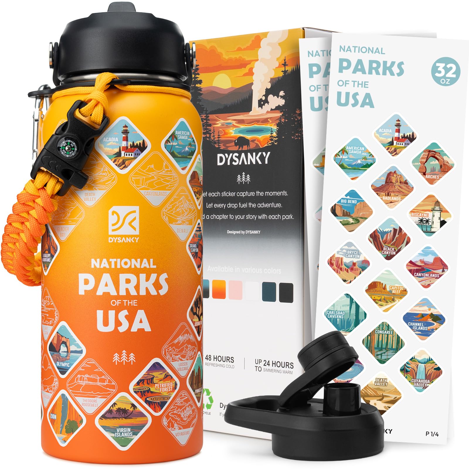DYSANKY bottle with park stickers, perfect for memorable trail adventures.