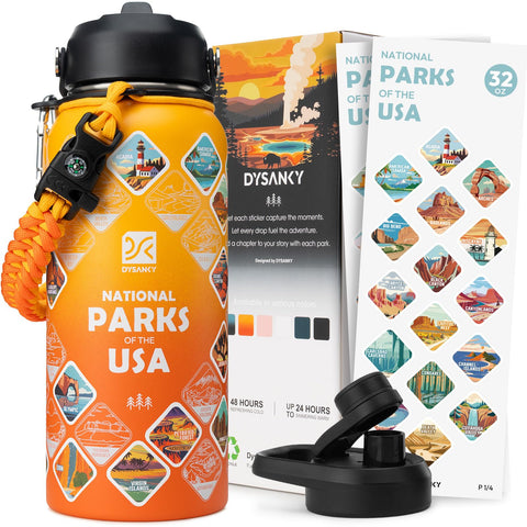 DYSANKY bottle with park stickers, perfect for memorable trail adventures.