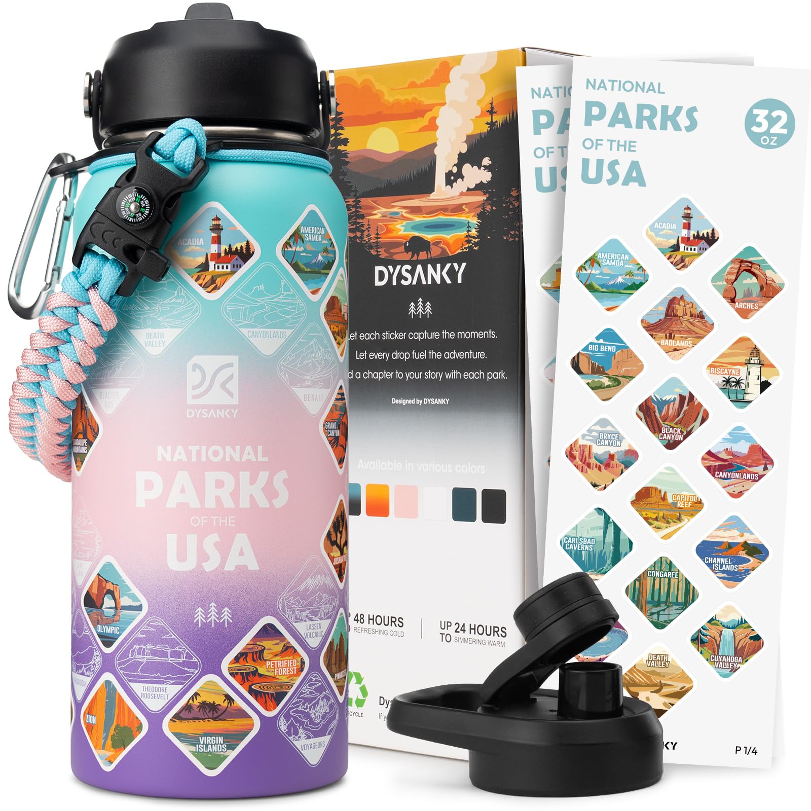 DYSANKY bottle featuring National Parks stickers for memorable adventures.