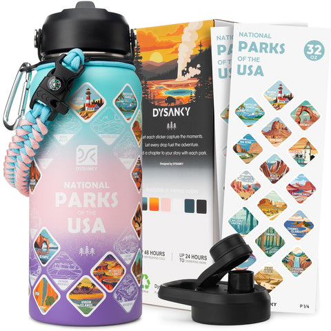 DYSANKY bottle featuring National Parks stickers for memorable adventures.