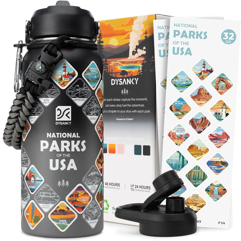 DYSANKY bottle with national park stickers for marking adventures, waterproof and scratch-resistant.