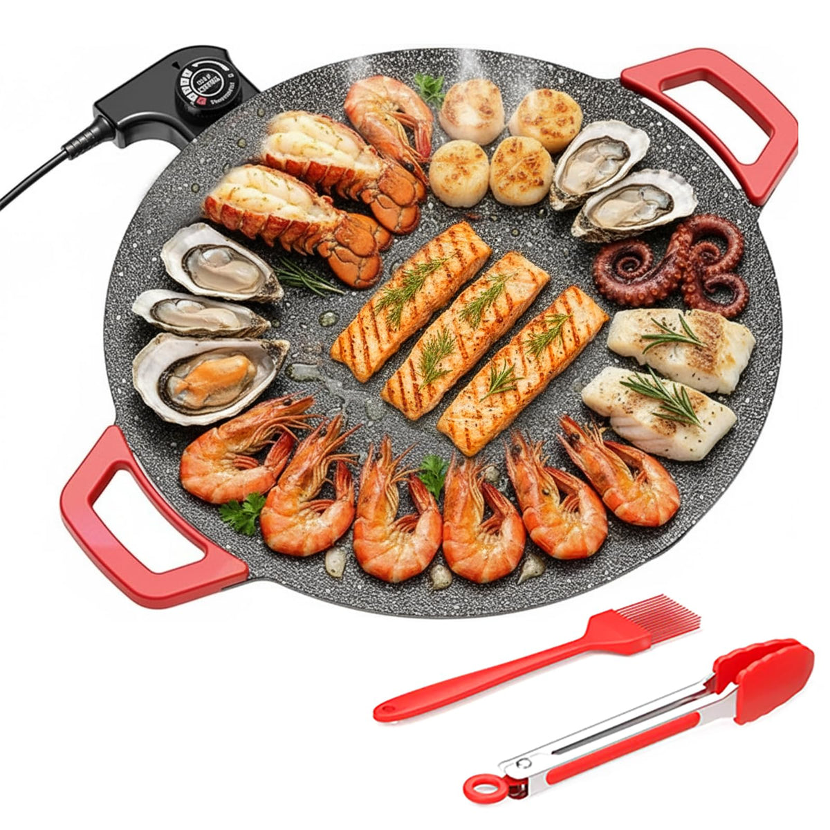 Dzanwo electric indoor grill top view showing the 14 inch smokeless surface for indoor grilling