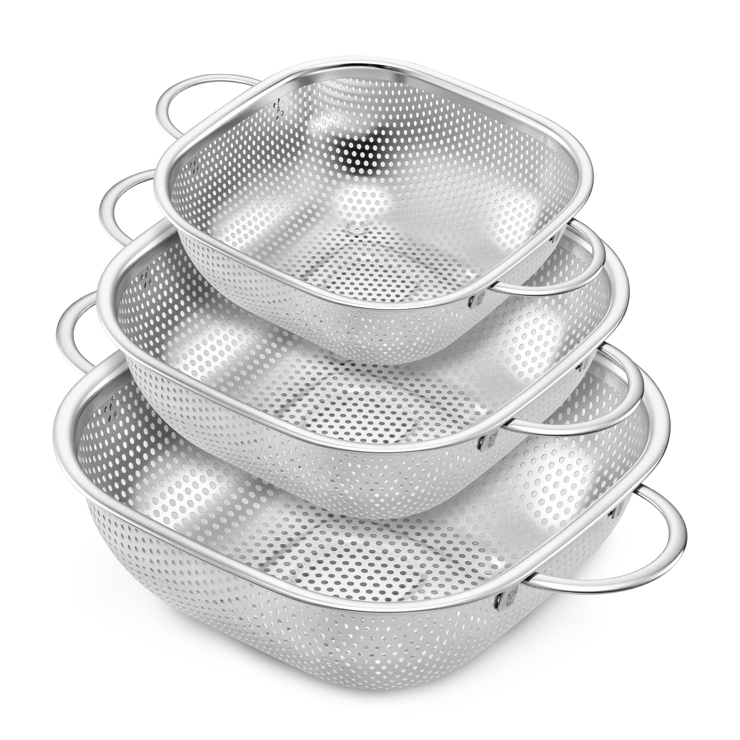 E-far 3-pack square colanders in brushed steel for versatile kitchen draining.