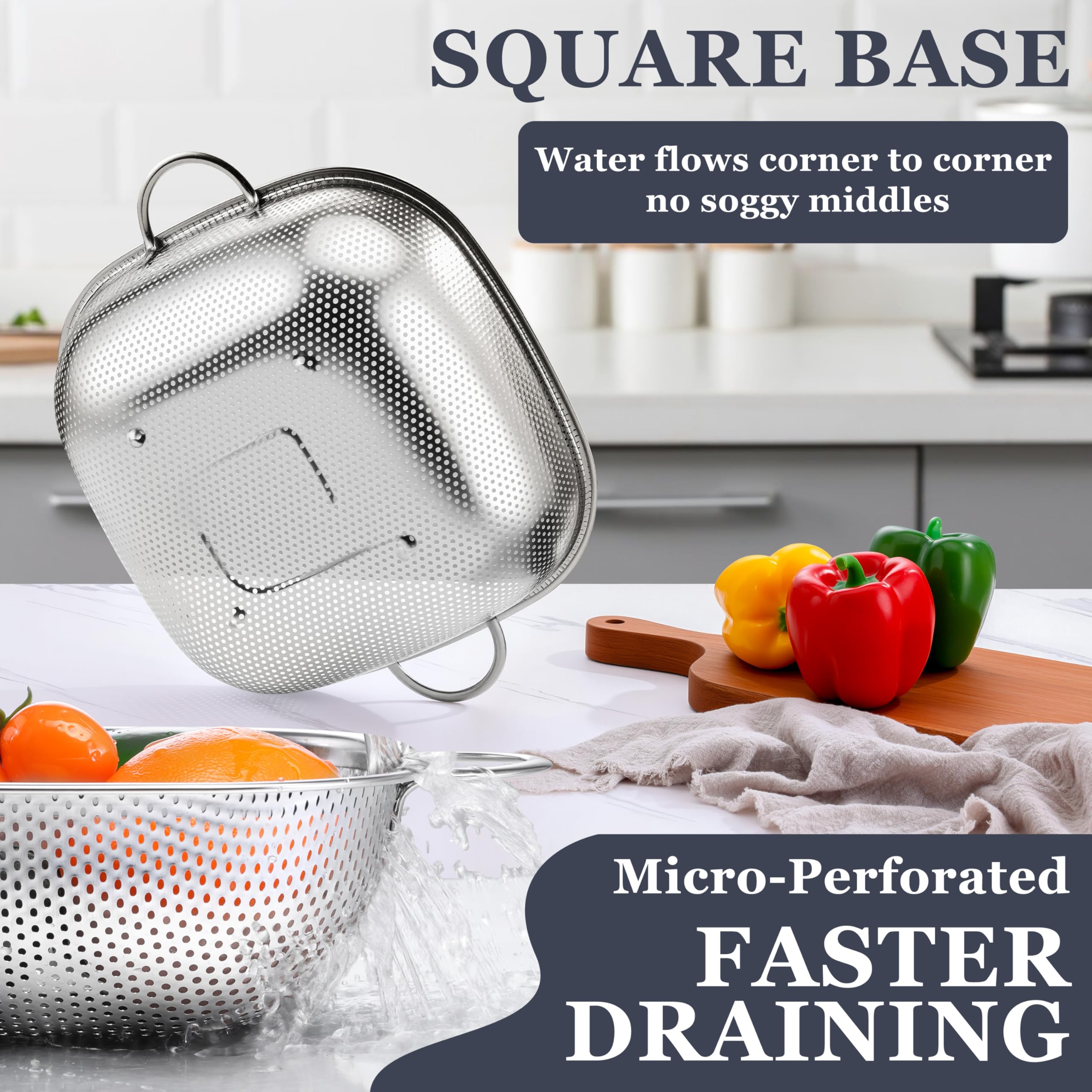E-far 4qt colander handling vegetables and fruits with easy rinsing.