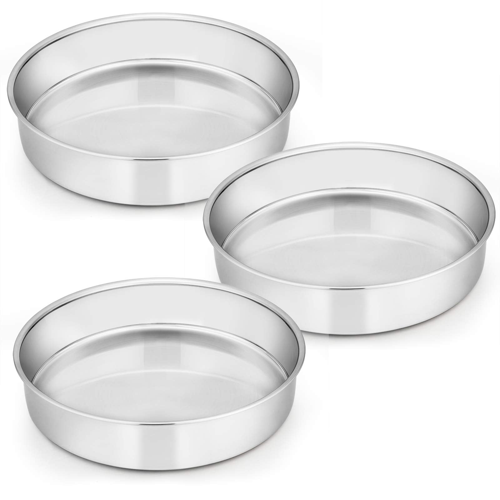 E-far 9½ inch cake pan set 3, non-toxic stainless steel, ideal for layered cakes.
