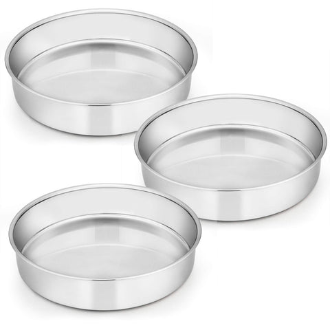 E-far 9½ inch cake pan set 3, non-toxic stainless steel, ideal for layered cakes.