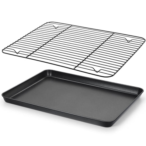E-far baking sheet with rack 16x12 in for even browning and easy cleanup.