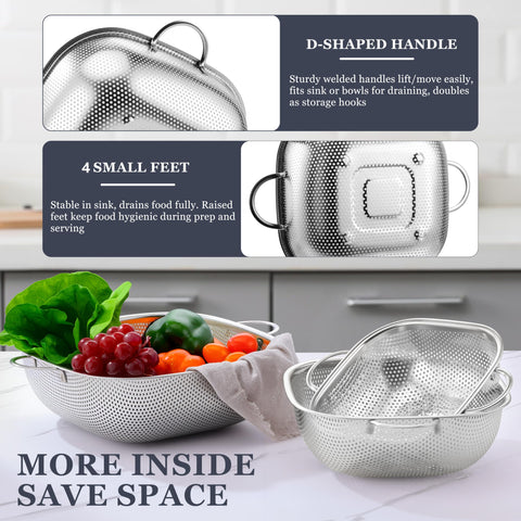 E-far colander with elevated feet keeps draining liquid away from counters.